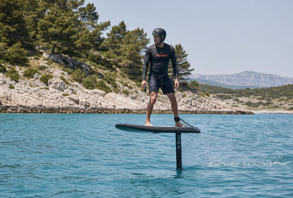 Rider on an electric hydrofoil board