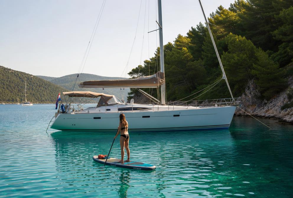 Stand-up paddleboard on turquoise water